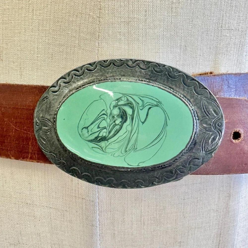 Nice Leather Brown Distressed Belt Seafoam Green Marbled Western Buckle Large‎